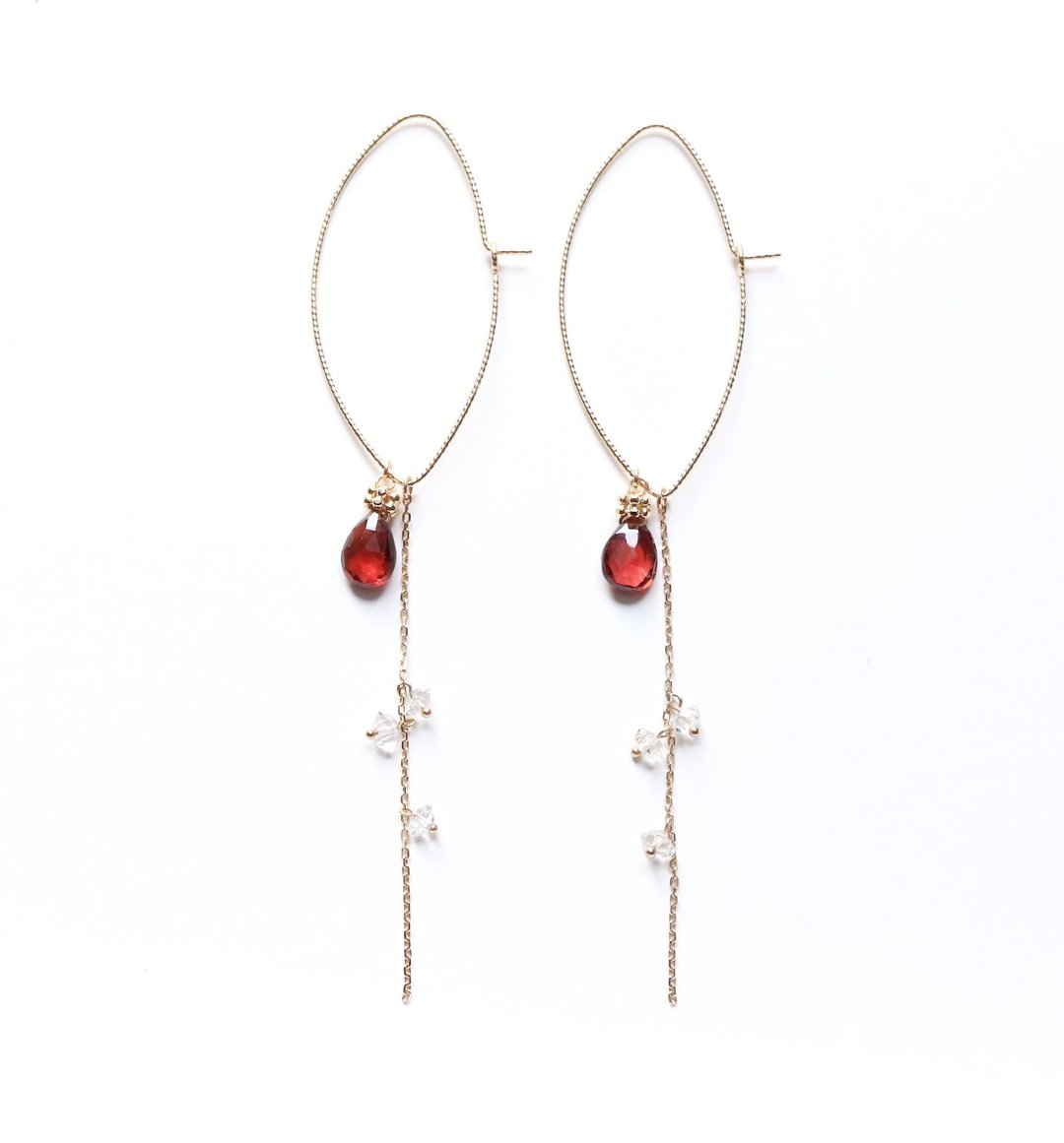 High Quality Almandine Garnet Herkimer Diamond K10 Marquise Earrings ~RADIANT MOMENTS~ - 耳环/耳夹 - 宝石 红色