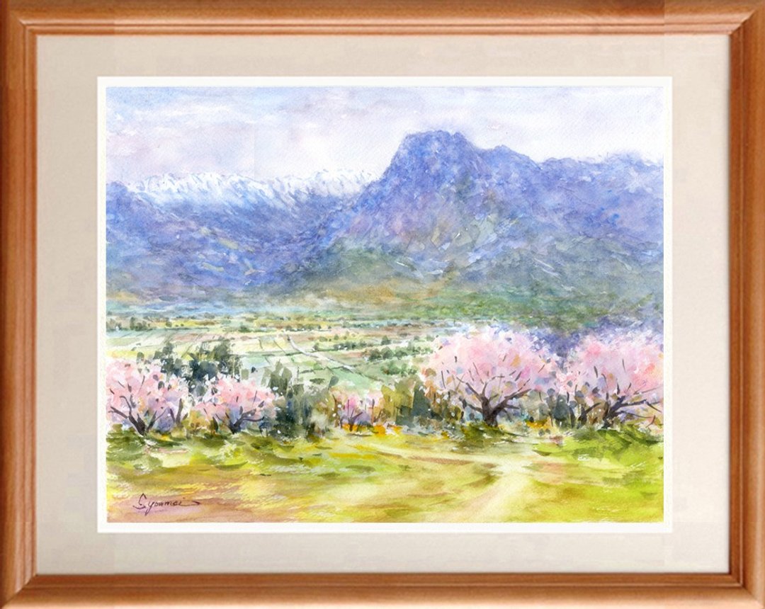 Original watercolor painting Spring in Azumino - 海报/装饰画/版画 - 纸 粉红色