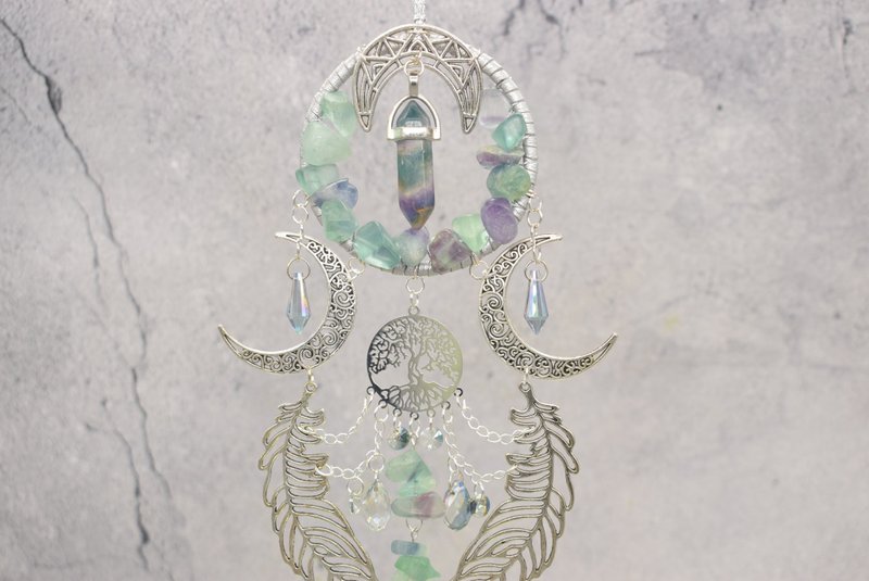 生命之树魔法森林捕梦网挂水晶萤石新月 - 墙贴/壁贴 - 宝石 银色