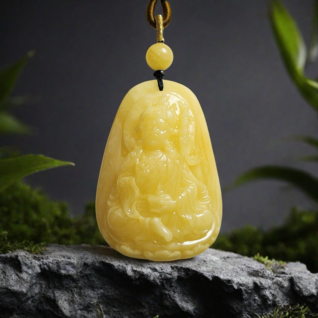 腾彪琥珀 天然琥珀蜜蜡 小年份 牛奶白色蜜蜡 莲花生大士 绳链 - 项链 - 半宝石 黄色