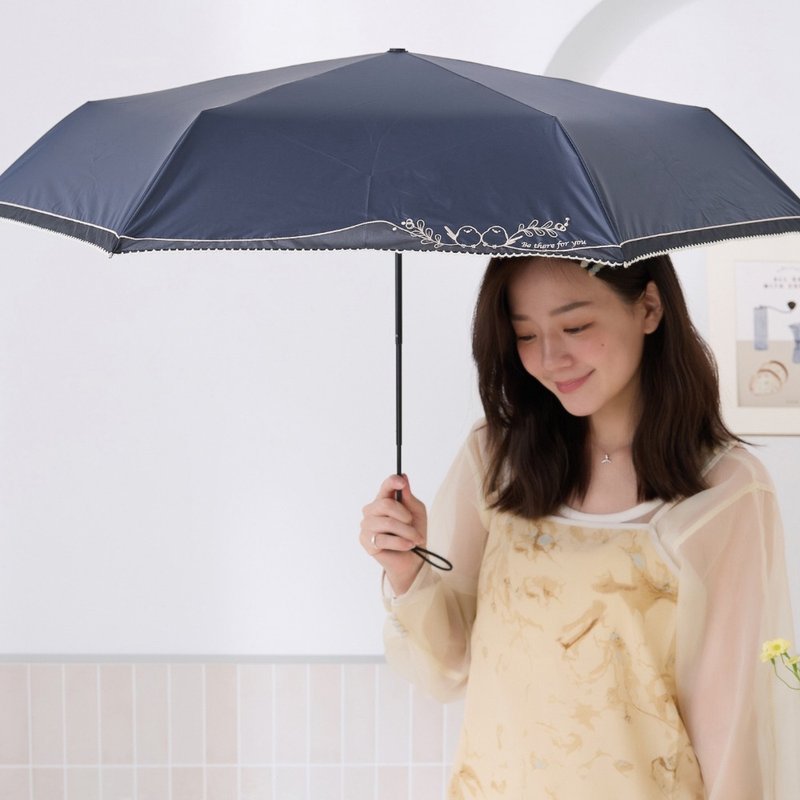 【rento】防晒黑胶拼接迷你伞-刺绣山雀(深蓝) - 雨伞/雨衣 - 防水材质 蓝色