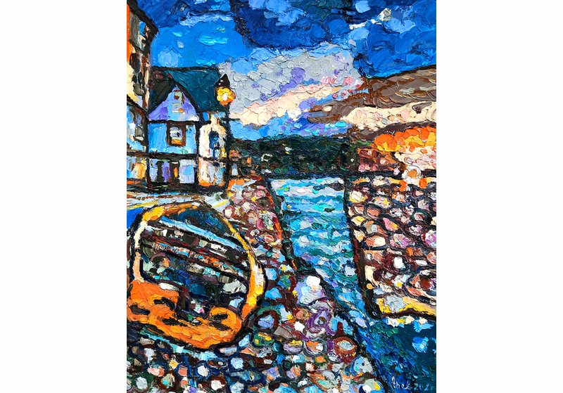 船舶 手工油畫 油畫 掛畫 微型油画 微型绘画 - 海报/装饰画/版画 - 其他材质 蓝色