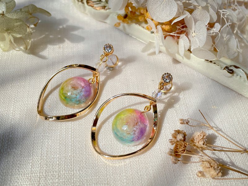 蜡菊炫彩x菱形框  316L医疗钢耳鈎/无痛耳夹 - 耳环/耳夹 - 植物．花 多色