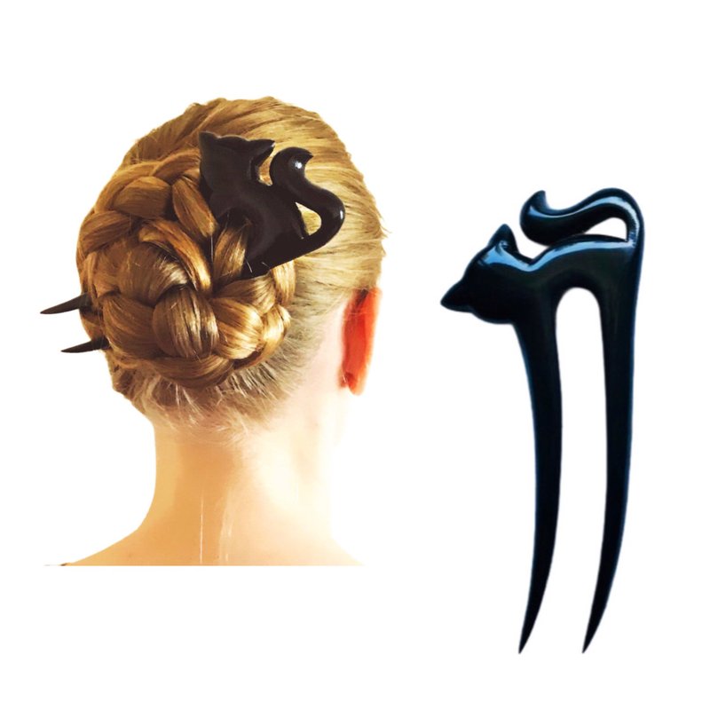 木制黑猫发夹，U 型发叉，动物发夹，发髻夹 - 发饰 - 木头 黑色