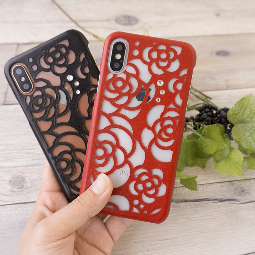 Smartphone Case iPhone [Leather Camellia] Tochigi Leather Rhinestone Camellia Rose Watermark BD05K - 手机壳/手机套 - 真皮 红色