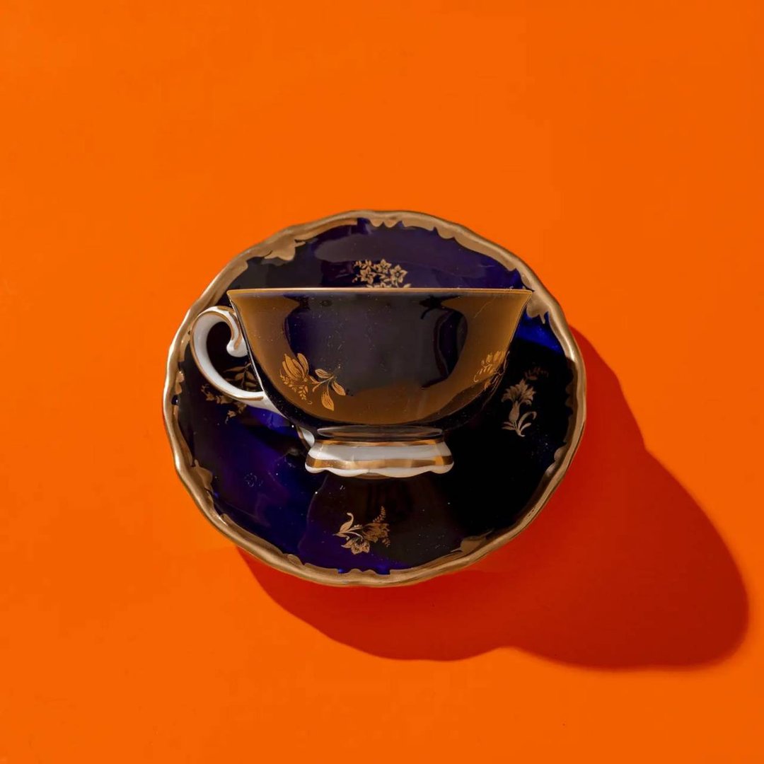 东德时期ー钴蓝花卉系浓缩咖啡古董杯盘组 - 茶具/茶杯 - 陶 蓝色