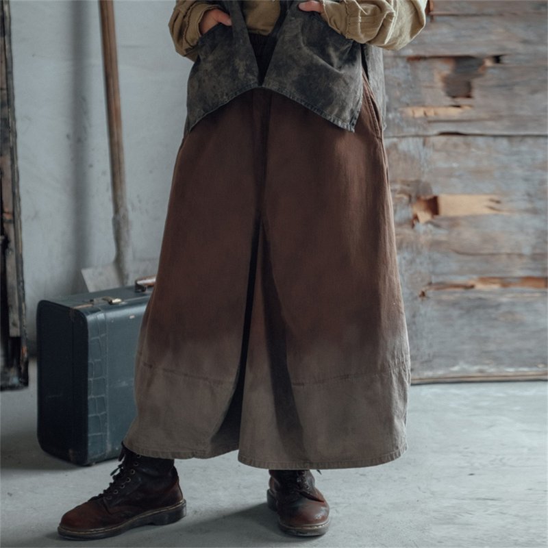 落葉/枯木 嬉皮士 植物染漸變染立裁全棉復古花苞半裙 - 裙子 - 棉．麻 咖啡色