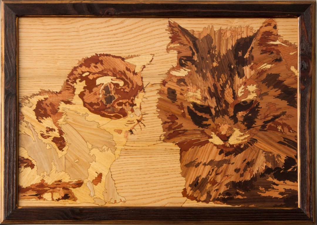 猫与小猫肖像镶嵌镶框马赛克木板，可挂在家中的墙上 - 墙贴/壁贴 - 木头 橘色