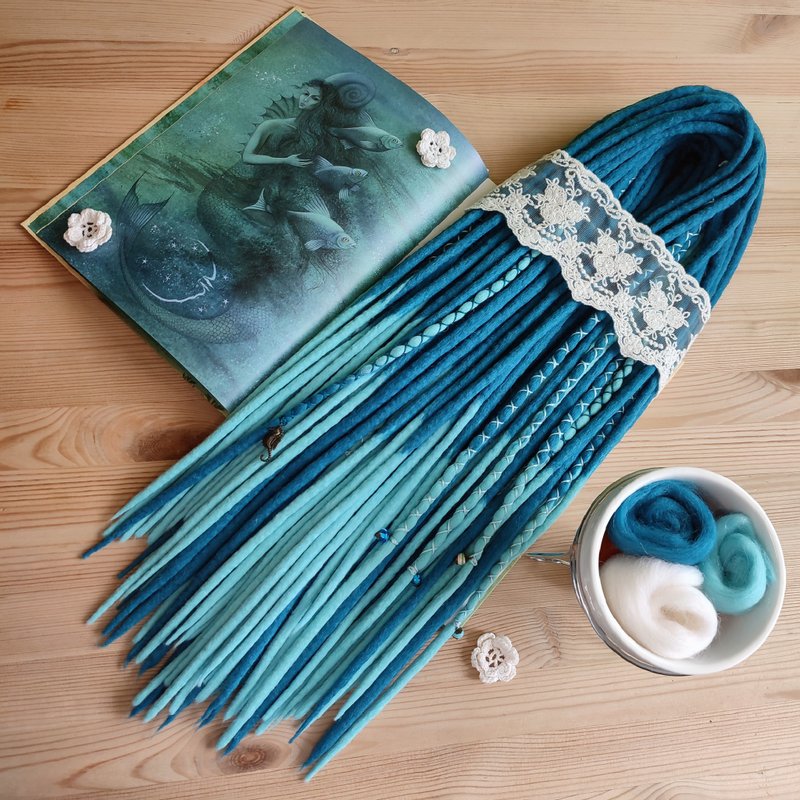 Wool Dreadlock Extensions Mermaid Aphrodite Blue Dreads Witch Kawaii Cosplay - 发饰 - 羊毛 蓝色
