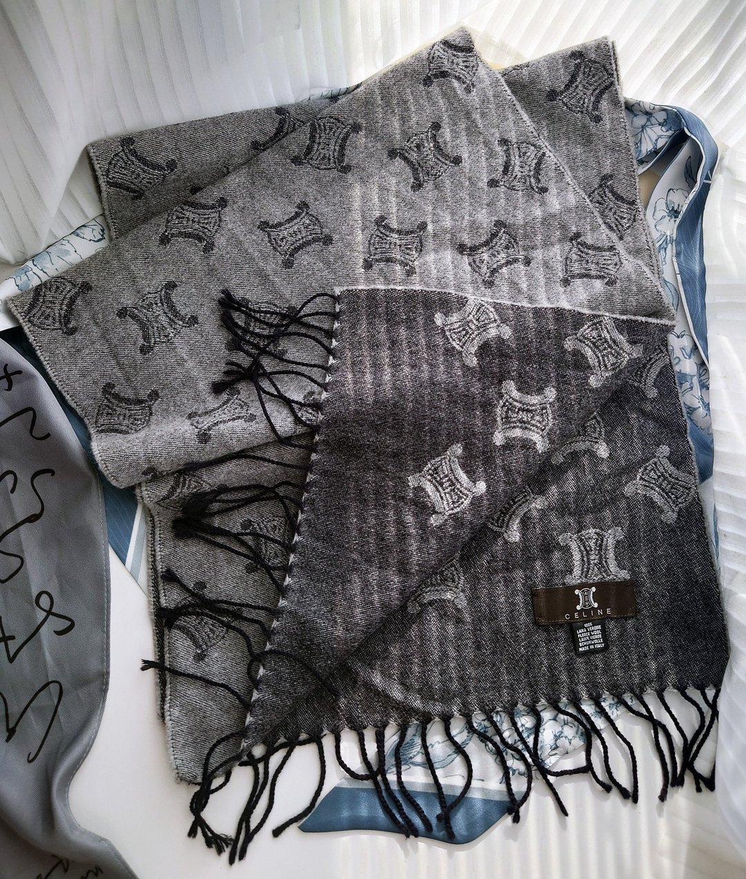 中古孤品 CELINE 老花凯旋门 羊毛 毛毯盖毯颈巾围巾领巾围脖披肩 - 围巾/披肩 - 羊毛 灰色