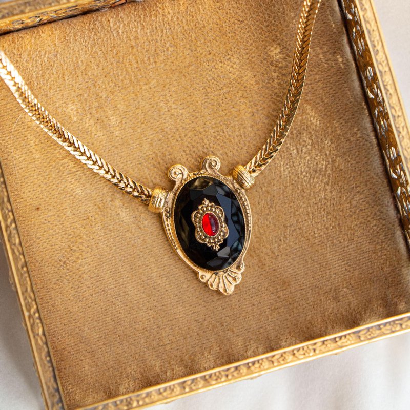 美国1928品牌古董 切面黑宝石镶蛋面饰边红宝 镀金项链 - 锁骨链 - 其他金属 金色