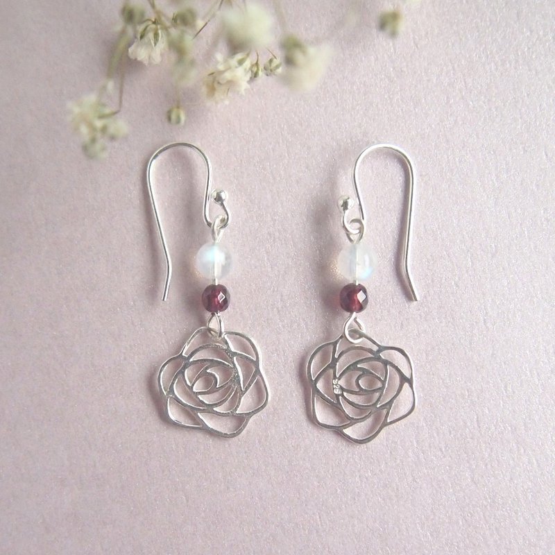 ✦耳针系列✦| 优雅简约 玫瑰 月光石 红石榴石 纯银款耳环 - 耳环/耳夹 - 宝石 银色