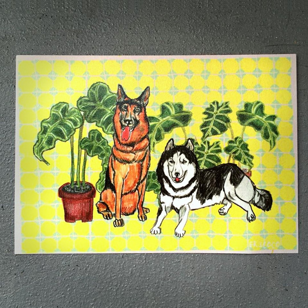 德国狼犬跟哈士奇的好朋友明信片 - 卡片/明信片 - 纸 绿色