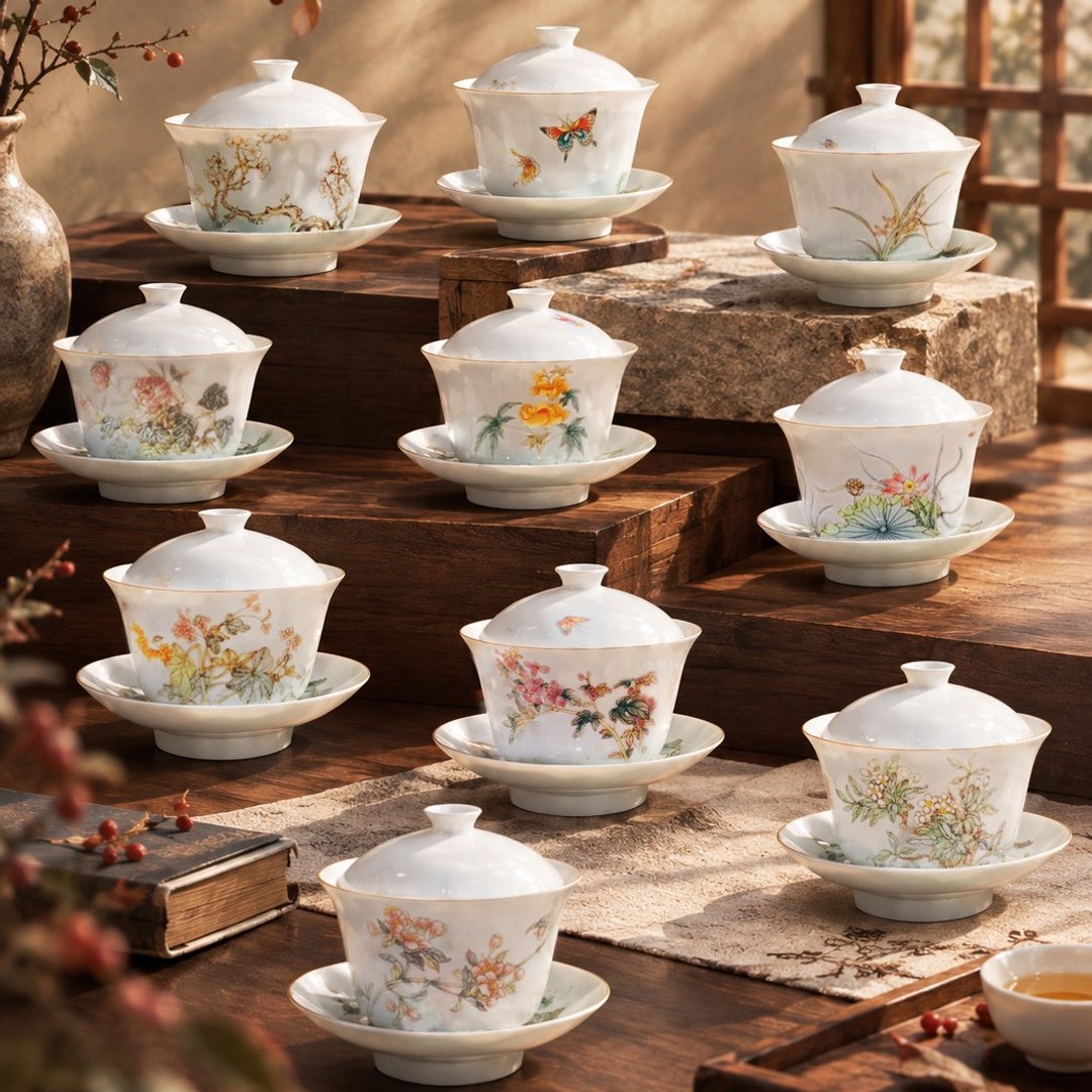 不言美器 釉中彩 川碗 盖杯 梅花 兰花 蝴蝶 茉莉 海棠 - 茶具/茶杯 - 瓷 