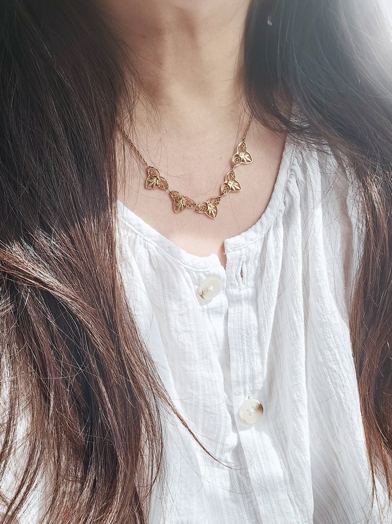 法国厚镀金植物图腾古董花彩项链【欧洲古董首饰】 - 项链 - 其他金属 金色