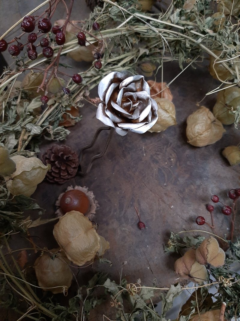 玫瑰/古银双簪/情人礼物 - 发饰 - 铜/黄铜 银色