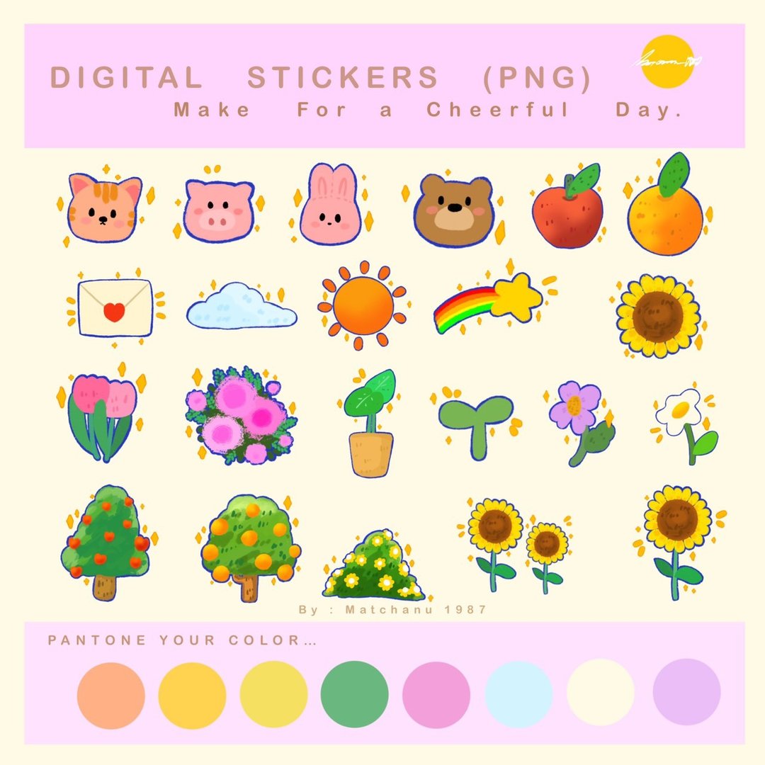 Digital stickers with Summer pattern for decorating digital planners. - 电脑手机桌布/贴图/App 图示 - 其他材质 