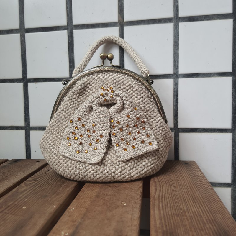 原始色口金包/ 鈎针编织 复古风 /蝴蝶结手缝星钻/手提或手挽包 - 手提包/手提袋 - 棉．麻 