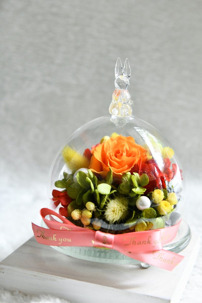 Snow Bunny 兔子圆形恒星花礼-活力橘玫瑰款 - 干燥花/捧花 - 植物．花 