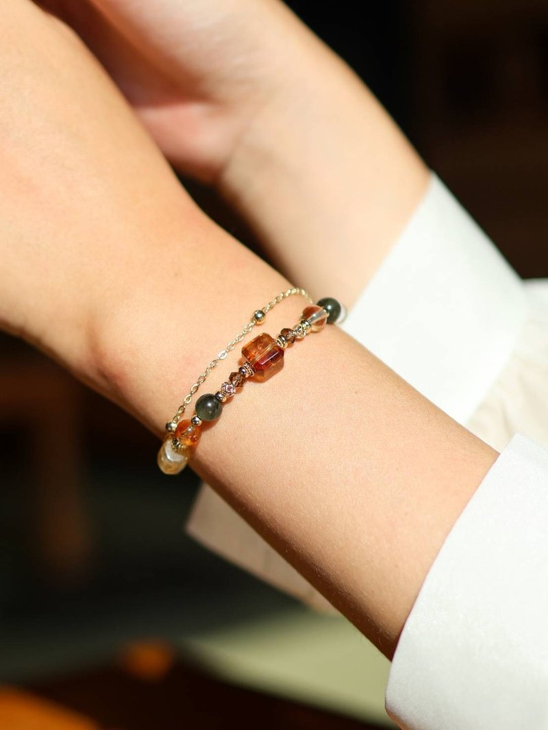 森林灿灿。黄水晶方糖 绿发晶 茶晶 14K包金 水晶矿石设计手链 - 手链/手环 - 水晶 黄色