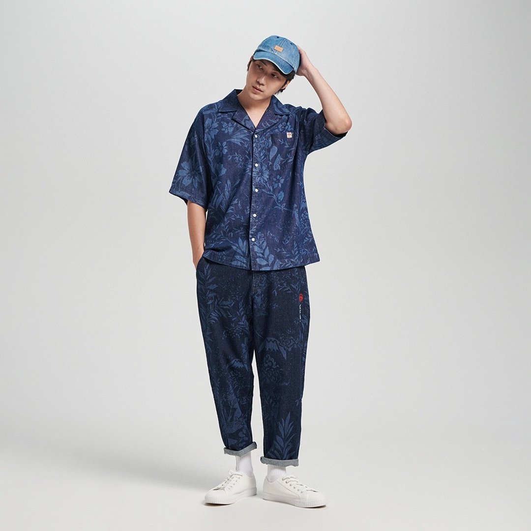 江户胜 日系 男装 靛蓝系列 雷射图腾短袖衬衫(酵洗蓝) #上衣 - 男装衬衫 - 棉 蓝色