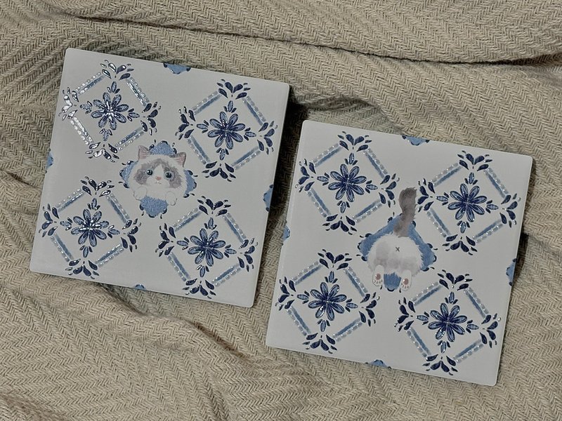 花砖躲猫猫杯垫 布偶猫屁屁组 | 婚礼小物 陶瓷 立体花纹 - 杯垫 - 陶 多色