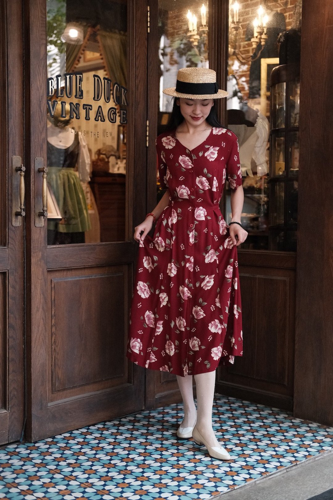 Vintage dress 红色印花连衣裙古着洋装 - 洋装/连衣裙 - 棉．麻 
