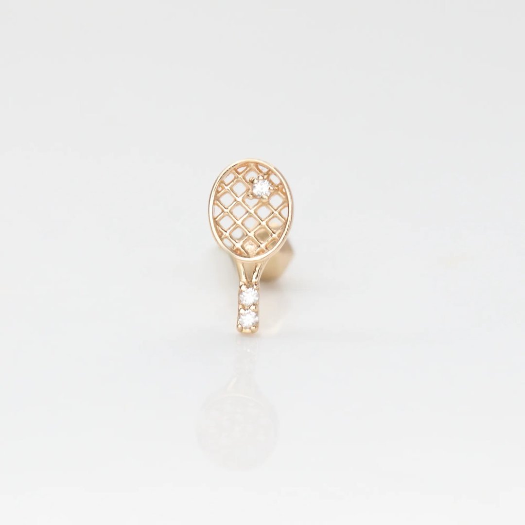 14K 网球拍钻锁珠耳环 (单个) 耳骨 耳窝 不退色 - 耳环/耳夹 - 贵金属 金色