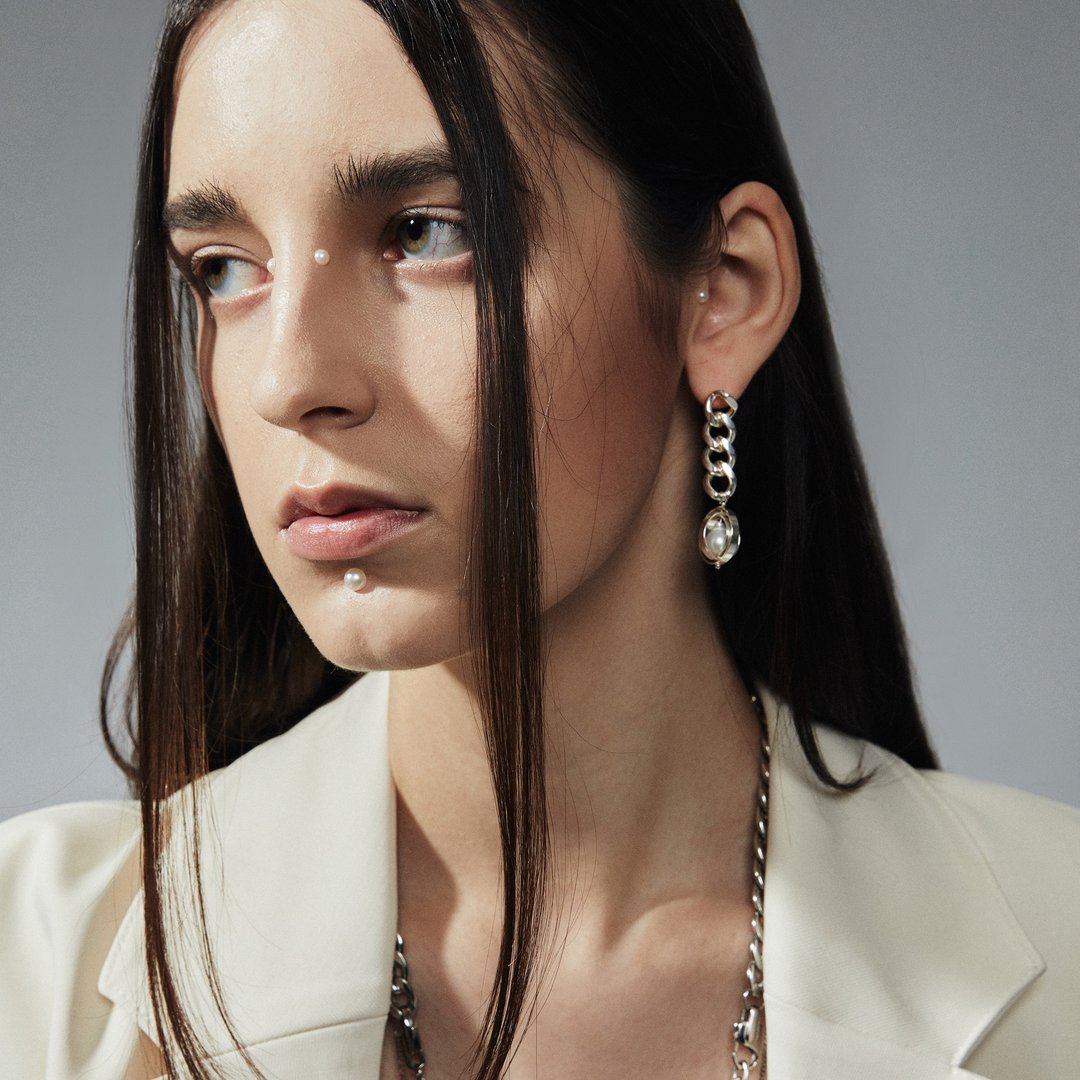 波赛顿锁链珍珠耳环  Poseidon pearl drop chain earrings - 耳环/耳夹 - 珍珠 