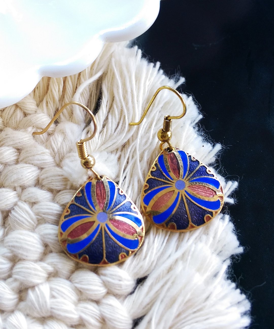Vintage Jewelry  西洋古董饰品 景泰蓝 紫底放射 耳勾 针式耳环 - 耳环/耳夹 - 其他金属 金色