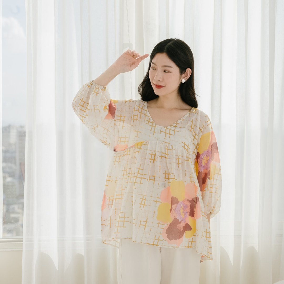 走春穿搭  Joy V领 七分袖 女装上衣 米印象 - 女装上衣 - 棉 黄色