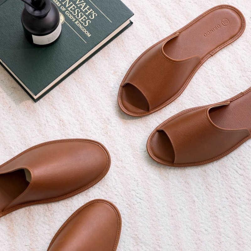 牛皮闭口胶底室内拖鞋-可可咖 - 室内拖鞋 - 真皮 咖啡色