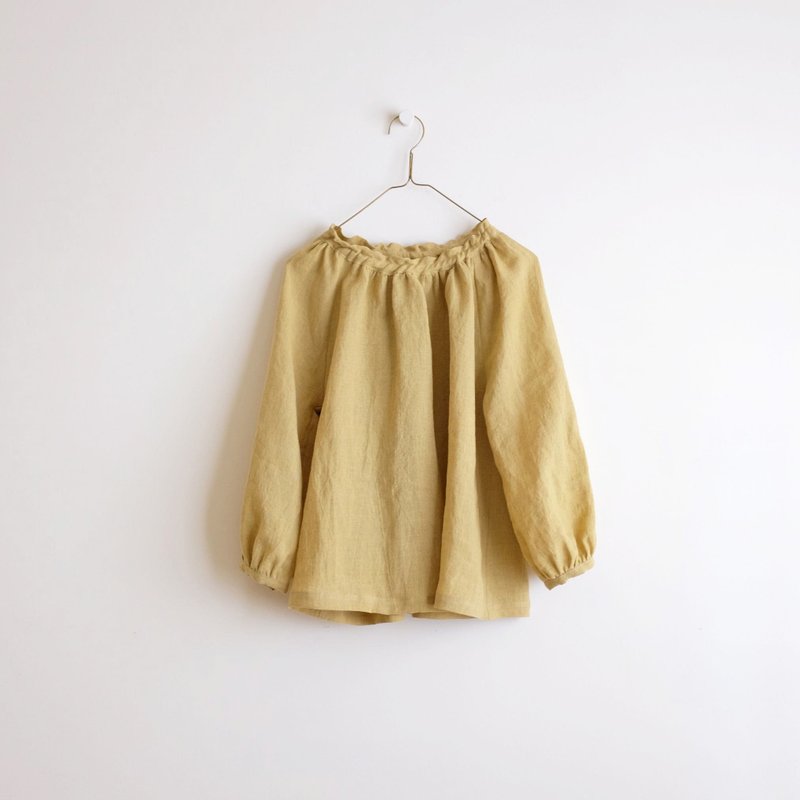 日常手作服  暖黄泡泡袖松紧罩衫  水洗亚麻 - 女装上衣 - 棉．麻 黄色