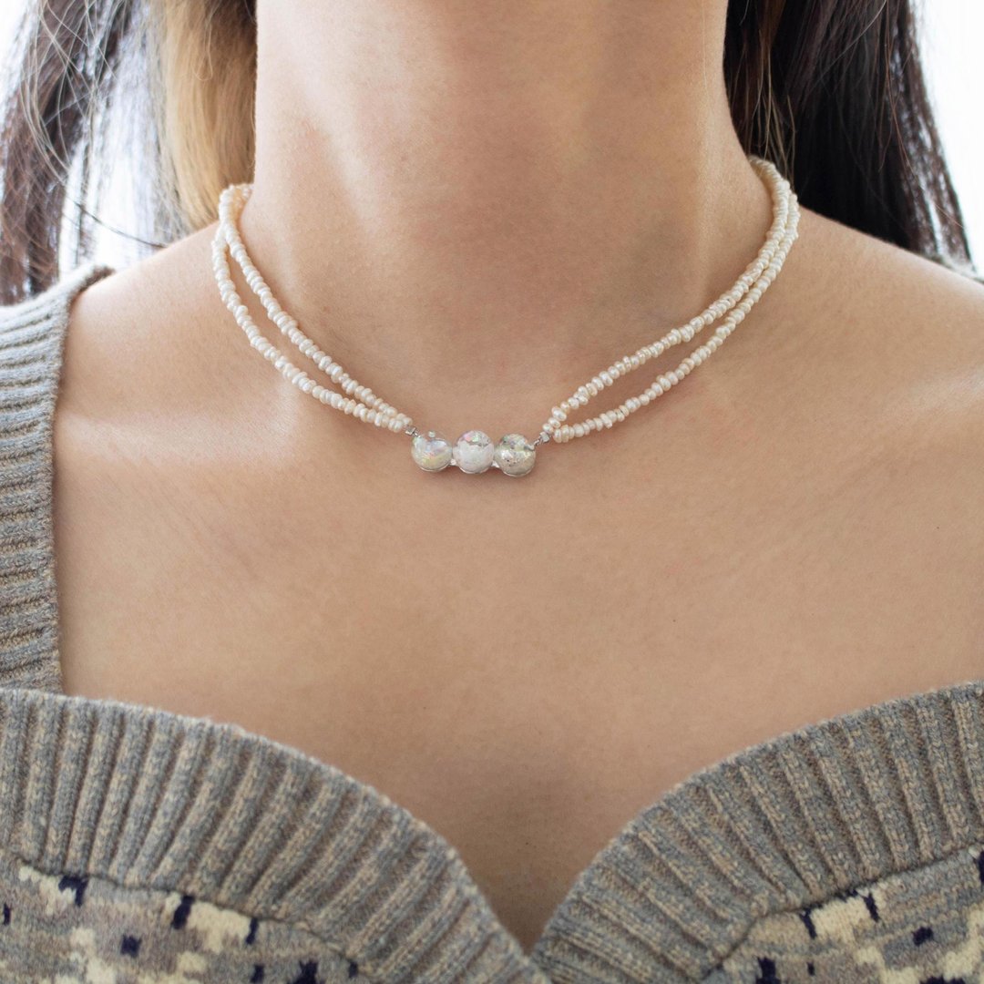Triple Snowball Double Pearl Necklace - 项链 - 玻璃 白色
