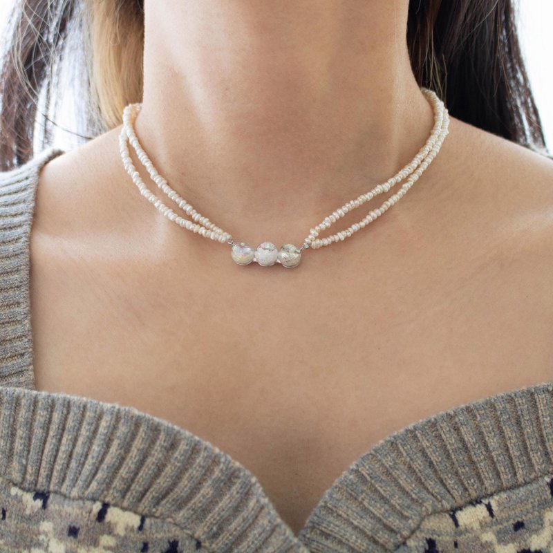 Triple Snowball Double Pearl Necklace - 项链 - 玻璃 白色