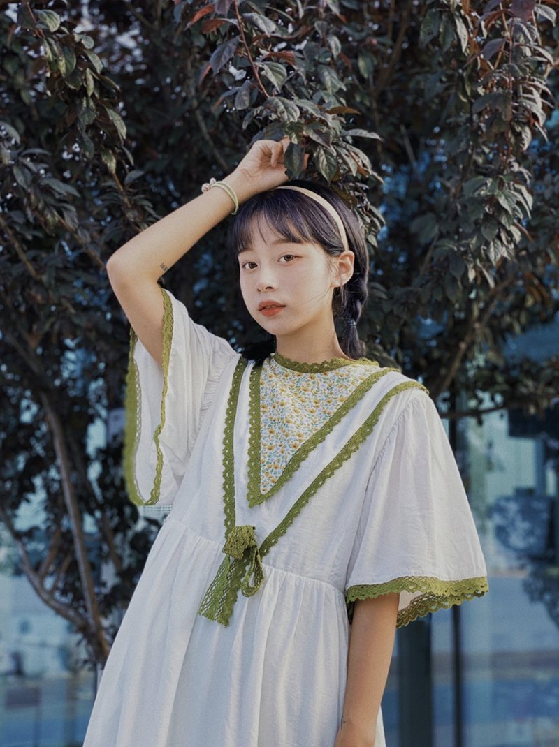 复古碎花 法式气质 花边中袖洋裝 寬鬆 薄款 - 洋装/连衣裙 - 棉．麻 白色