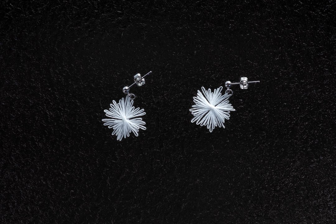 魔法雪花缕空刺绣耳环 - 耳环/耳夹 - 绣线 白色
