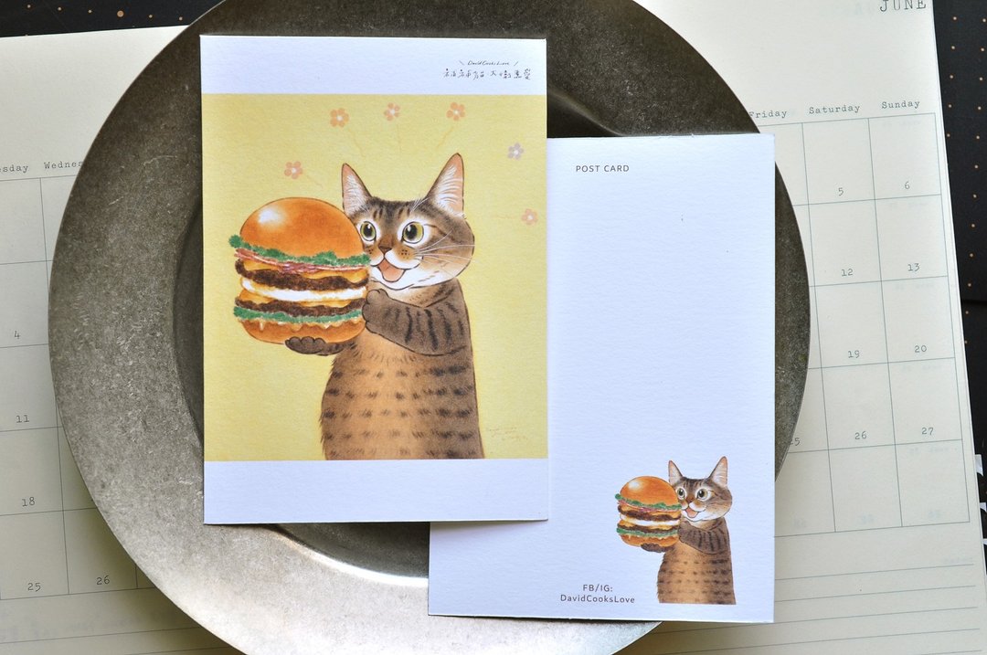 猫咪插画明信片-短短汉堡 - 卡片/明信片 - 纸 咖啡色