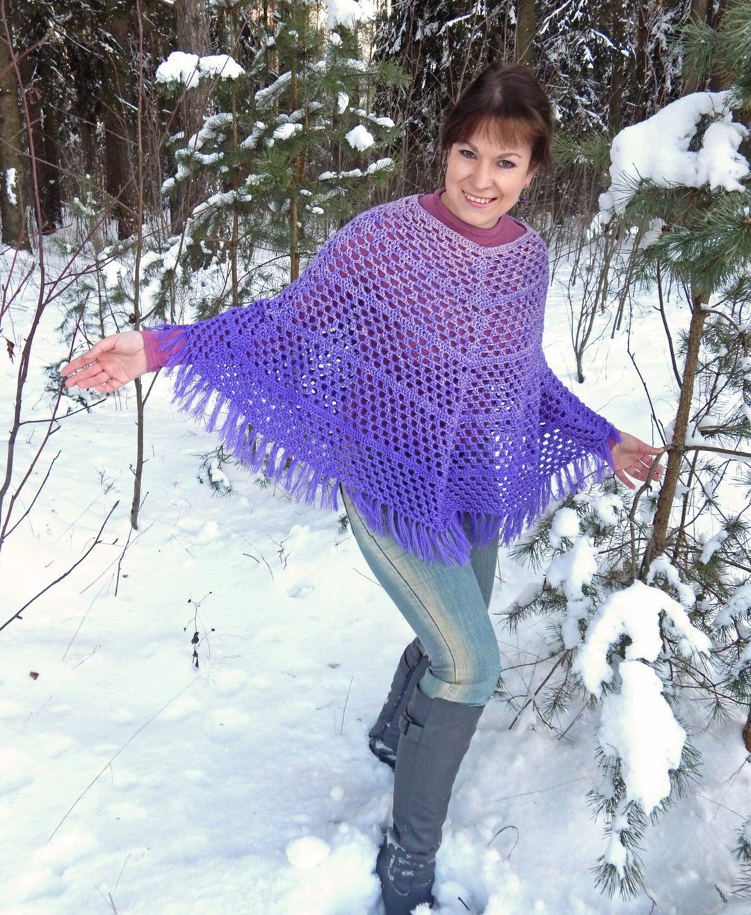 Womens knit poncho Wool crochet poncho with fringes - 女装针织衫/毛衣 - 羊毛 紫色