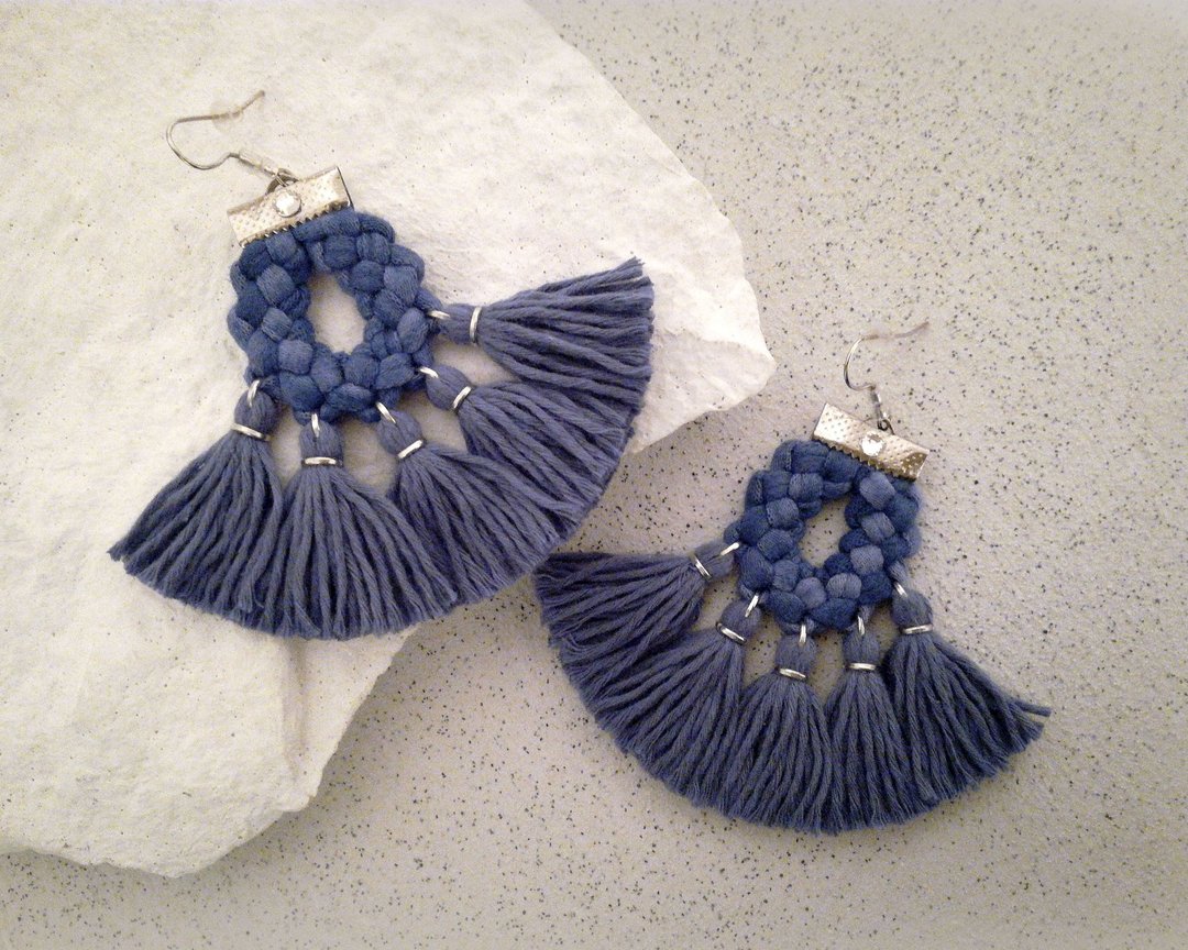 Bohemian Fringe Earrings Denim Blue Tassels Gift for Girlfriend - 耳环/耳夹 - 绣线 蓝色