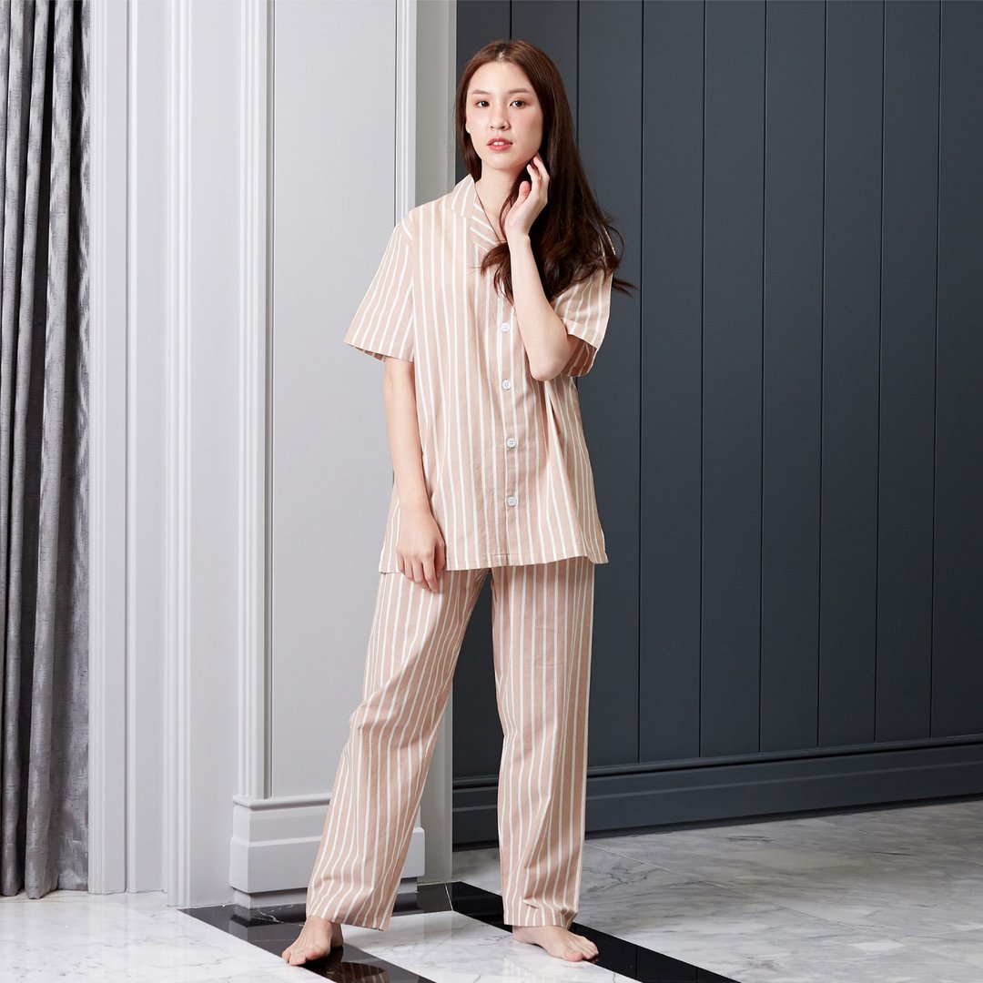 Linen Pajamas Short sleeve with Pants - 居家服/睡衣 - 亚麻 咖啡色