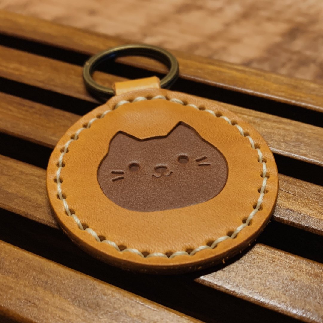 【定制】猫咪皮革钥匙圈【喵系人森】焦糖浅茶 定制化礼物 情人 - 钥匙链/钥匙包 - 真皮 橘色