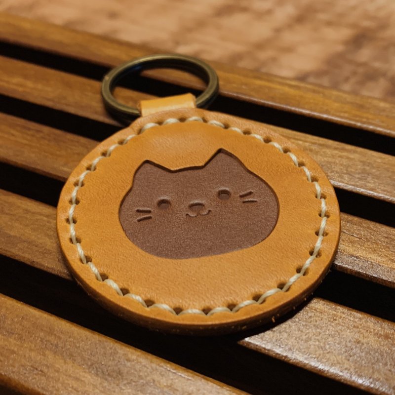 【定制】猫咪皮革钥匙圈【喵系人森】焦糖浅茶 定制化礼物 - 钥匙链/钥匙包 - 真皮 橘色