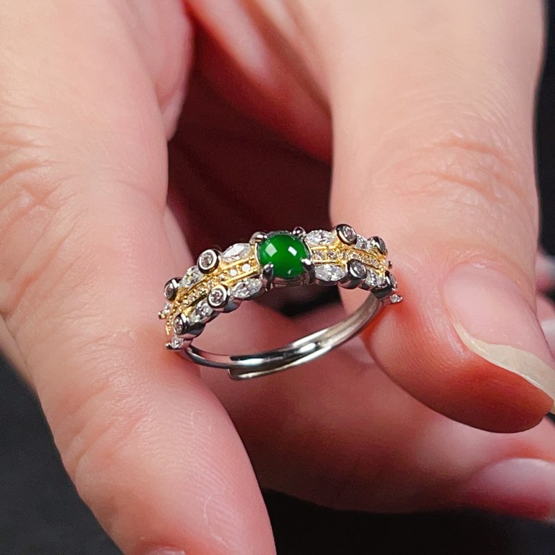 冰种老坑绿翡翠蛋面设计款戒指 925纯银 | 天然翡翠A货 | 送礼 - 戒指 - 玉石 绿色