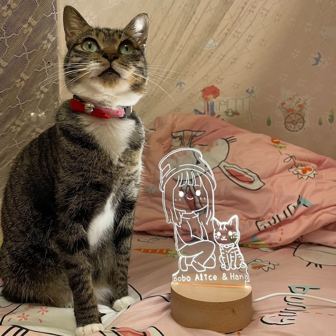 我与可爱的猫咪【蜡笔风线条】 原木Led夜灯蓝牙喇叭  定制化夜灯 - 灯具/灯饰 - 木头 卡其色