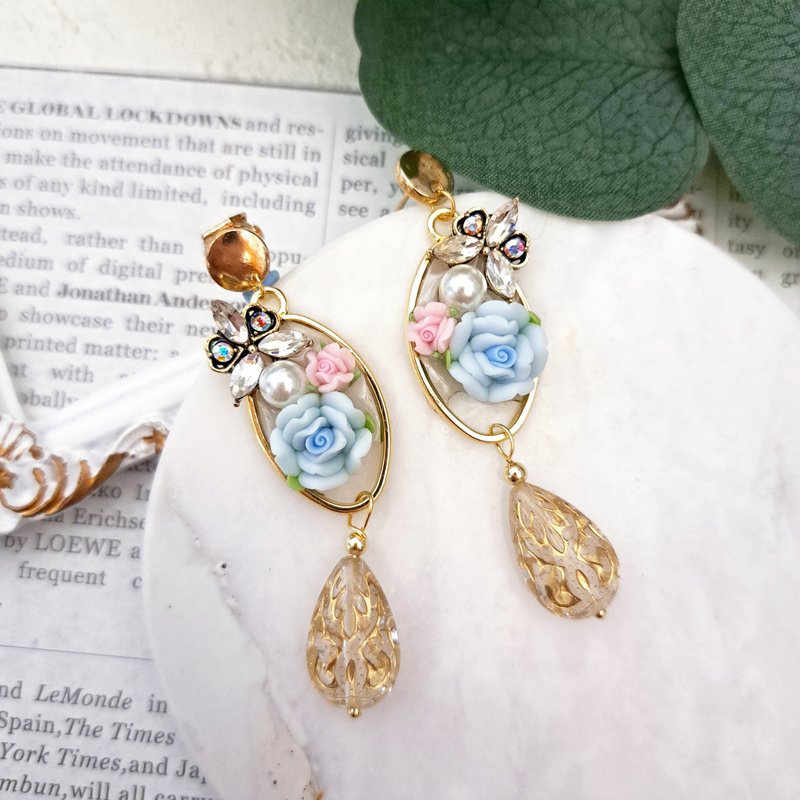 以玫瑰之名。夹式耳环 针式耳环 螺旋耳夹 /// 垂坠式耳环 - 耳环/耳夹 - 其他材质 粉红色