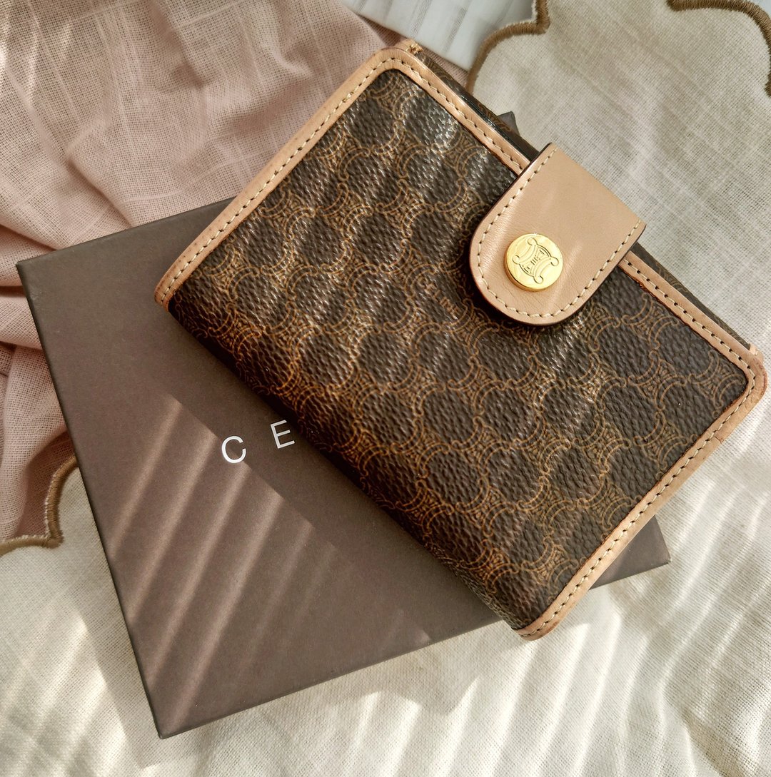中古美品带盒 CELINE 棕花 折叠短银包钱包短夹 卡夹卡片套零钱包 - 皮夹/钱包 - 真皮 咖啡色