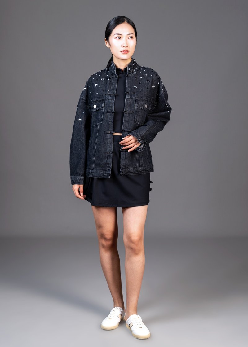中式唐装牛仔外套 (黑色) - 女装休闲/机能外套 - 棉．麻 黑色