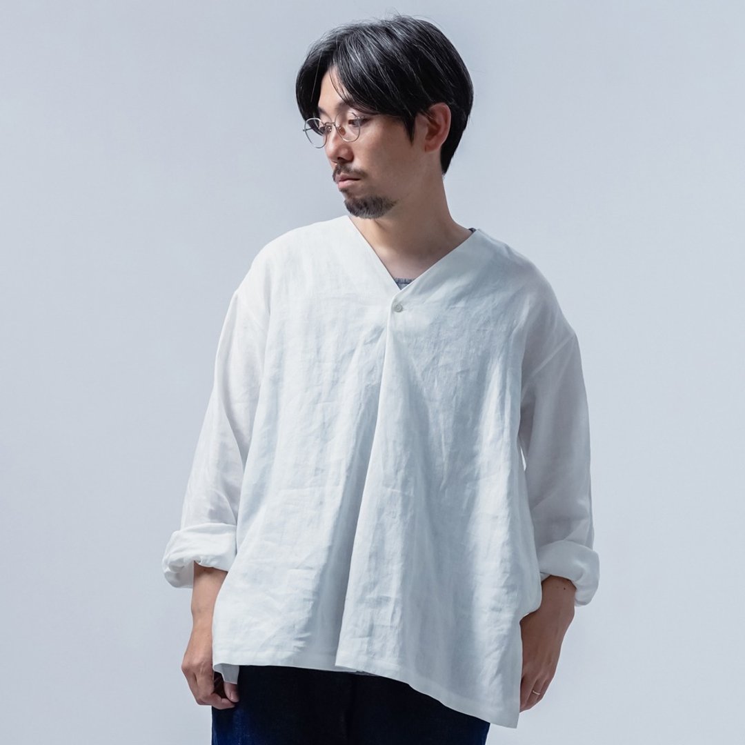 wafu [Linen Top] A top that can be used by both men and women. The ideal comfort was found here. /white t021h-wht1 - 女装上衣 - 棉．麻 白色