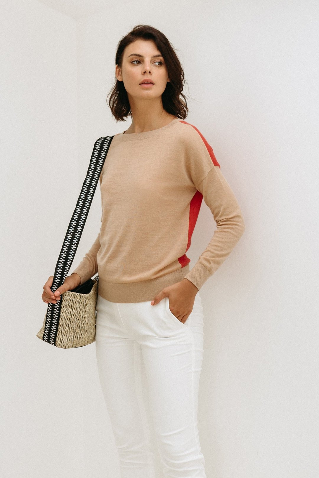 高级羊绒双面拼色毛衣 cashmere - 驼色珊瑚红 香港品牌 环保时尚 - 女装针织衫/毛衣 - 羊毛 卡其色